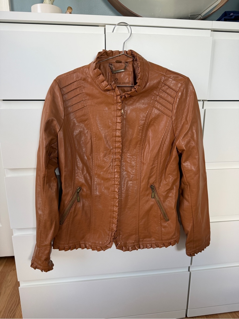 Women's Brown Faux Leather Ruffle-Trim Moto Jacket
